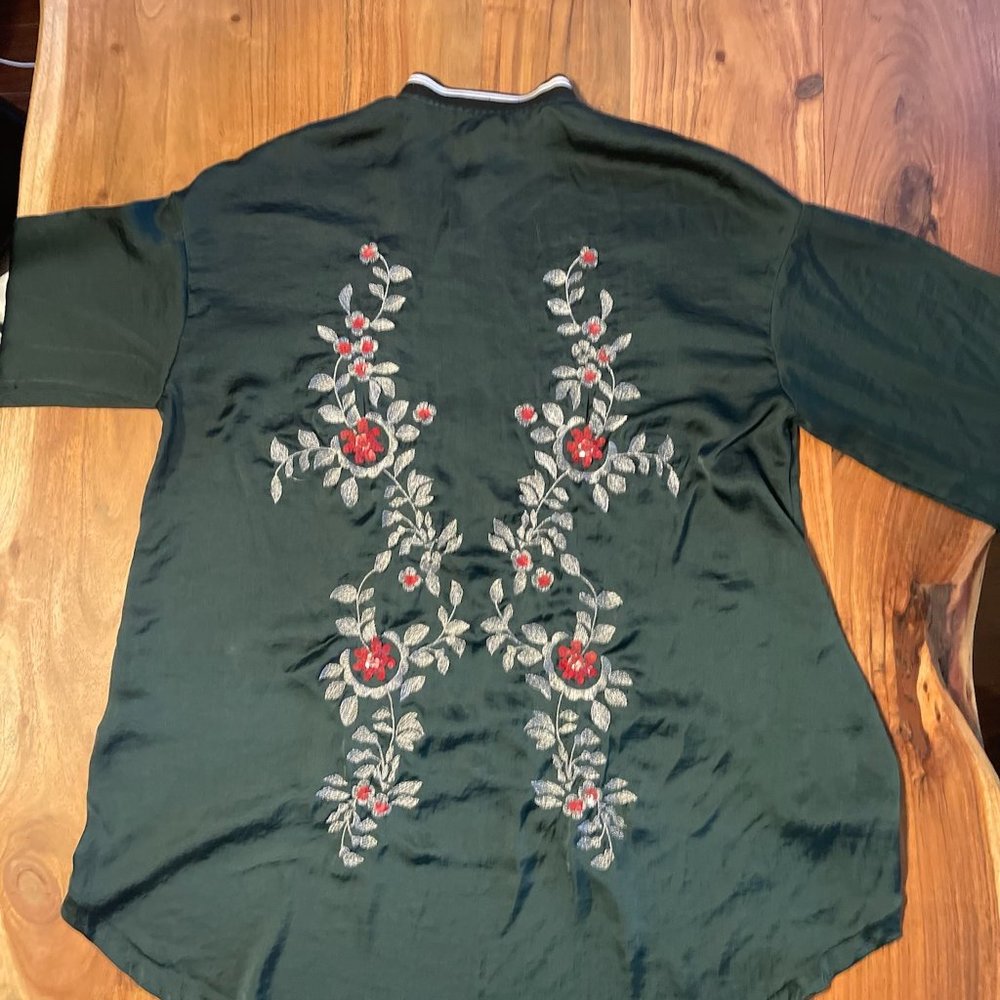 Zara Emerald Green Silk Embroidered Blouse Shirt 3/4 Zip, Small